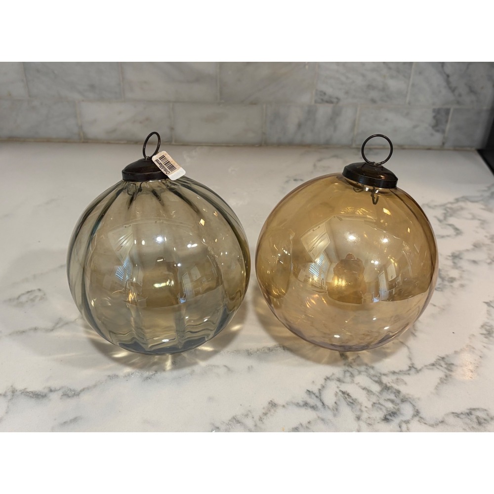 Crate‎ & Barrel Large Glass Xmas Ornaments Set 2 Smoke Grey Ribbed Amber Gold